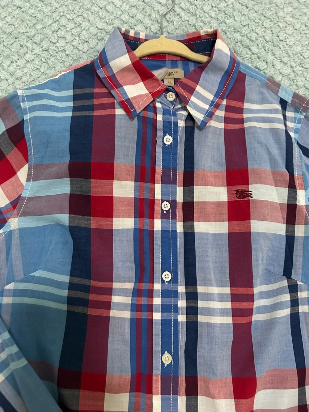 Burberry Red & Blue Plaid Cotton Button-Up Shirt, Boys size M/9/10 years